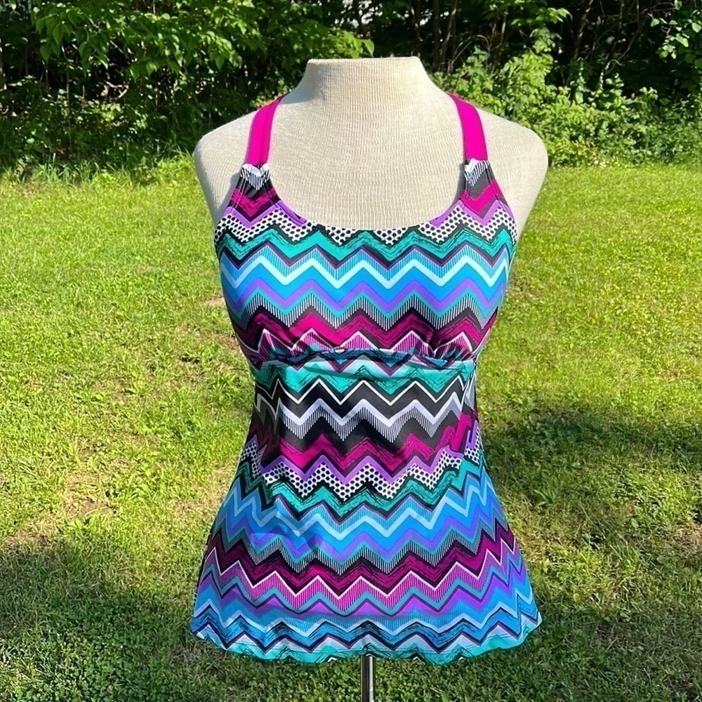 Tankini Swim Top Purple Blue Zigzag Print Y Back womens size medium